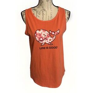 Life Is Good Women’s Crusher Tank Top Orange Whale Floral Graphic Size M Cotton